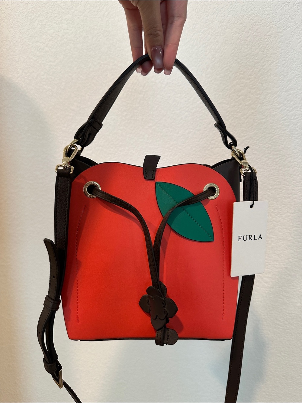 Furla Orange-Red Leather Crossbody with Green Leaf Accent brand new